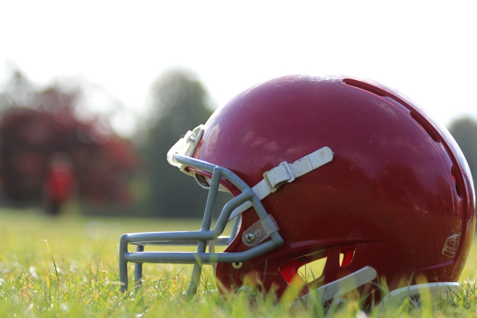 American football helmet resting on green turf