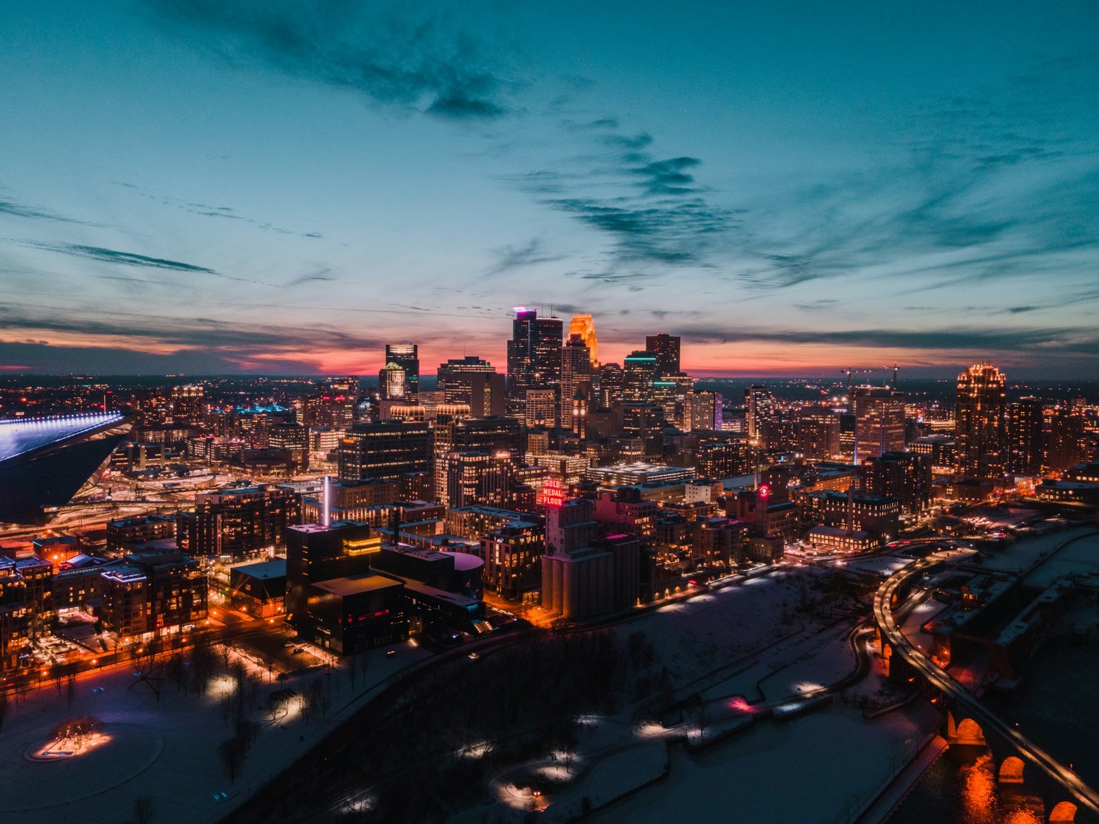 Minneapolis high-rise skyline illuminated against the night sky